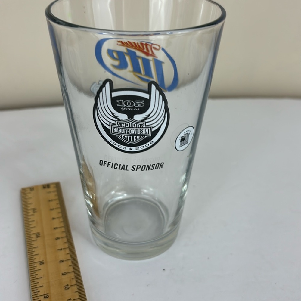 Harley Davidson Miller Lite Glass Tumbler 105 Years Ride Straight Ride Safe
